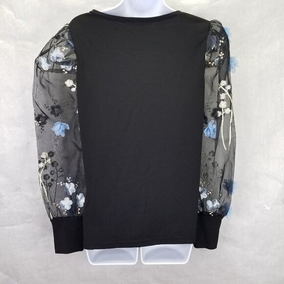 Boston Proper Blouse Sz L 3-D Floral Embellished Organza Sheer Puff Sleeve Black - Picture 11 of 16